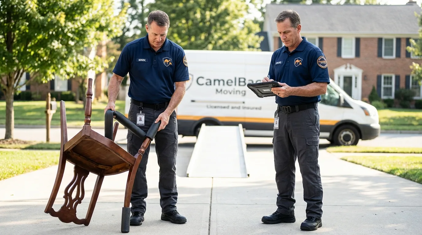 Movers inspecting furniture for damage prevention before loading in Black Lick, PA