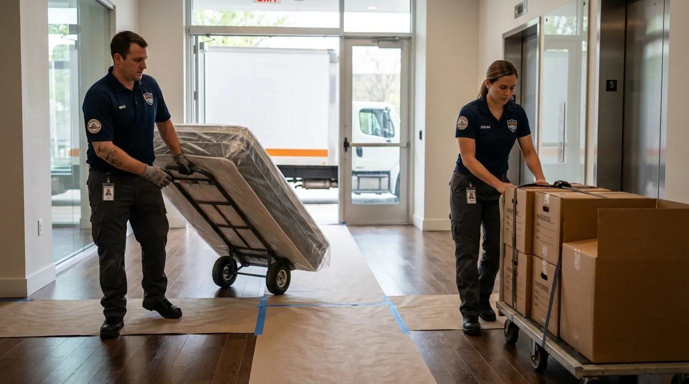 Professional apartment movers loading elevator in Black Lick, PA